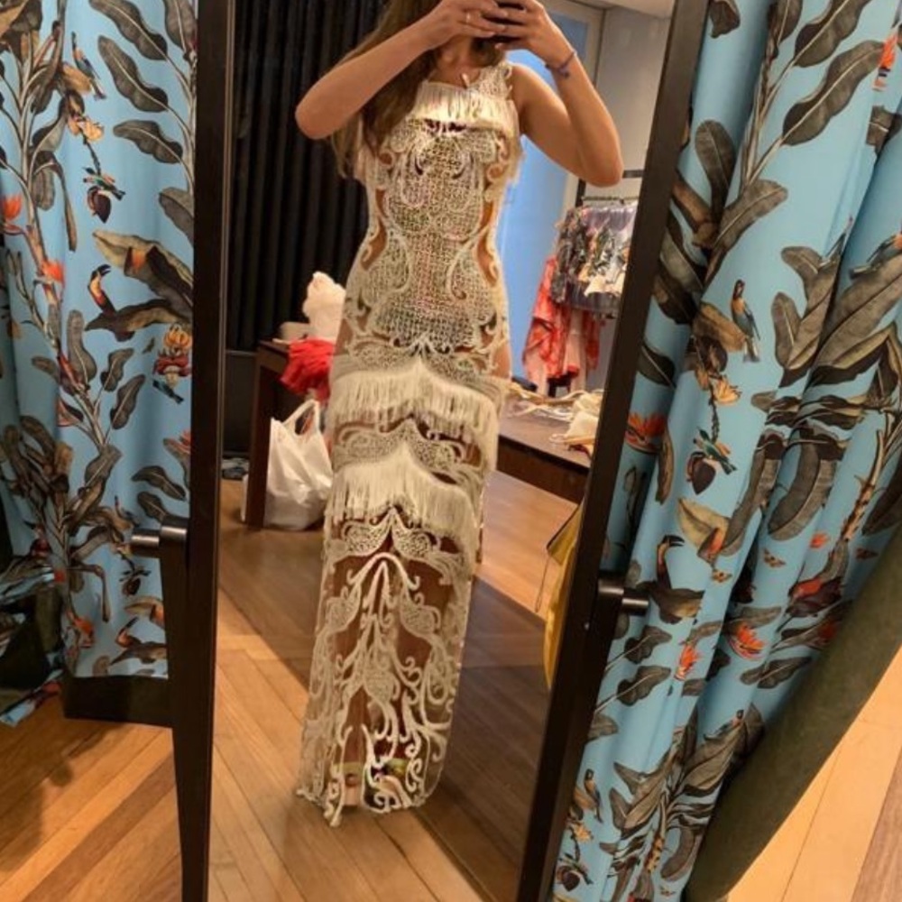 Sunning never worn custom patbo sheer custom pearl beading and tassel gown